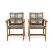 Hampton Outdoor Acacia Wood and Wicker Dining Chair - Set of 2, Natural/Gray