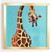 'Giraffe With Green Leaf' Framed Graphic Art Print - 12", Gold
