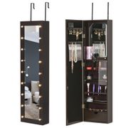 HOMCOM Adjustable Height Wall or Over-the-Door Jewelry Armoire with Mirror and 18 LED Lights - Black