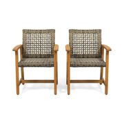 Hampton Outdoor Acacia Wood and Wicker Dining Chair - Set of 2, Natural/Gray