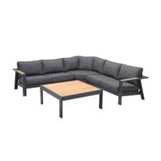 Palau 4 Piece Outdoor Sectional Set with Cushions - Dark Gray and Natural Teak Wood Accent