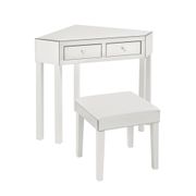 Corner Mirrored Vanity Table with Stool Set 2 Drawers - White