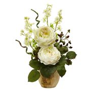Large Rose and Dancing Daisy in Wooden Pot - White