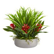 Bromeliad and Grass Artificial Plant in Ceramic Vase - 16", Red