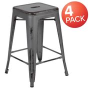Commercial Grade 24" Backless  Metal Indoor/Outdoor Counter Stool - Set of 4, Distressed Silver Gray
