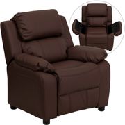 Kids Deluxe Padded Vinyl Recliner with Storage Arms - Brown