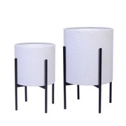Floral Stamped Metal Cachepot Planters with Stands - Set of 2, White/Black