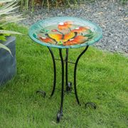 Butterfly and Flowers Glass Bird Bath with Metal Stand - 22"