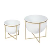 Metal Cachepot Planters with Metal Stands - Set of 2, White/Gold