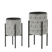 Metal Cachepot Planters with Metal Stands - Set of 2, Black/White