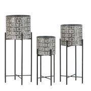 Floral Metal Cachepot Planters with Stands - Set of 3, Gray/White/Black