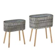 Metal Cachepot Planters with Wood Legs - Set of 2, Aztec Gray