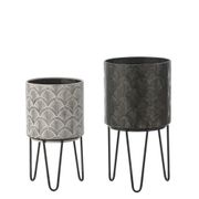 Metal Cachepot Planters with Metal Stands - Set of 2, Black/Off-White