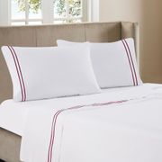 4-Piece Line Embroidery 300TC Sateen Sheet Set - Queen, Burgundy/White
