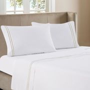4-Piece Line Embroidery 300TC Sateen Sheet Set - Queen, Tan/White