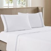 4-Piece Line Embroidery 300TC Sateen Sheet Set - Queen, Silver/White