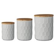 Honeycomb Ceramic Stoneware Canisters with Bamboo Lids - Set of 3, White