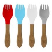 Red Rover Kids Silicone Forks with Bamboo Handle - Set of 4, White/Blue/Red/Gray