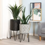 Metal Cachepot Planters with Metal Stands - Set of 2, Black/Off-White