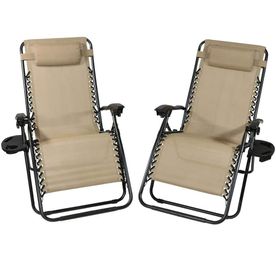 Oversized Khaki Zero Gravity Sling Patio Lounge Chair with Cupholder (2-Pack)
