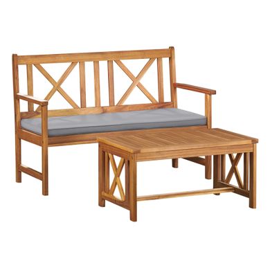 Manchester 2-Piece Acacia Wood Outdoor Double Seat Bench with Cushions and Coffee Table Set